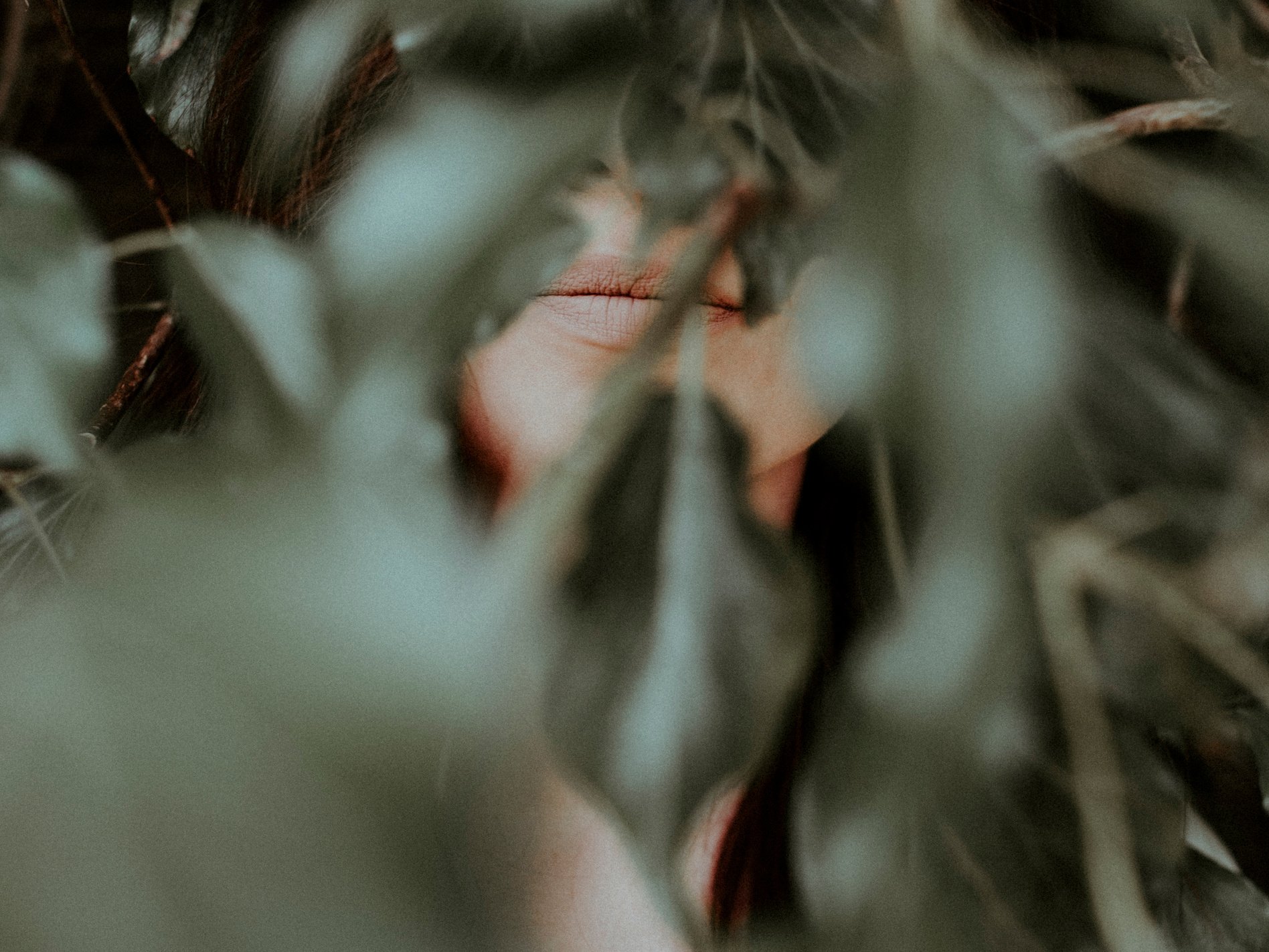 Photo of Woman's Lips Behind Green Leaves